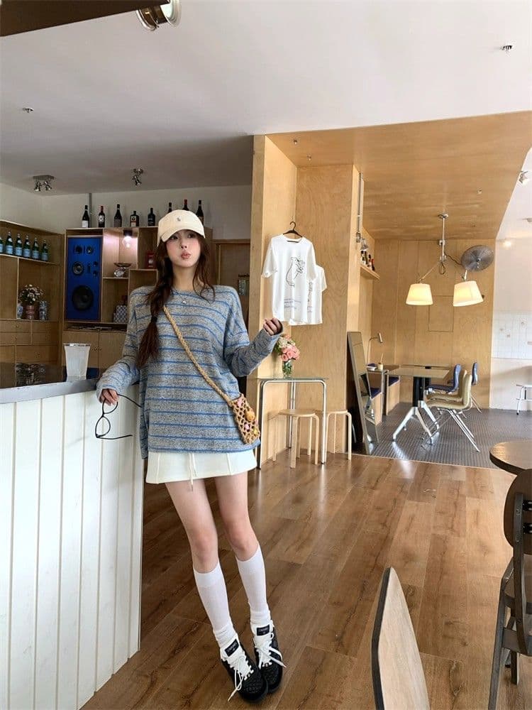 원본 양모 플리스 느낌 레트로 핫걸 바람 스트라이프 긴팔 티셔츠 2026 가을 새로운 루즈핏 상세 이미지 18