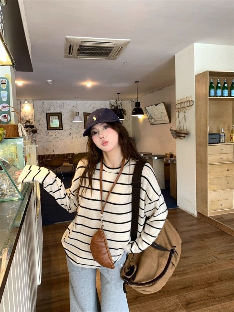 원본 양모 플리스 느낌 레트로 핫걸 바람 스트라이프 긴팔 티셔츠 2026 가을 새로운 루즈핏 상세 이미지 24