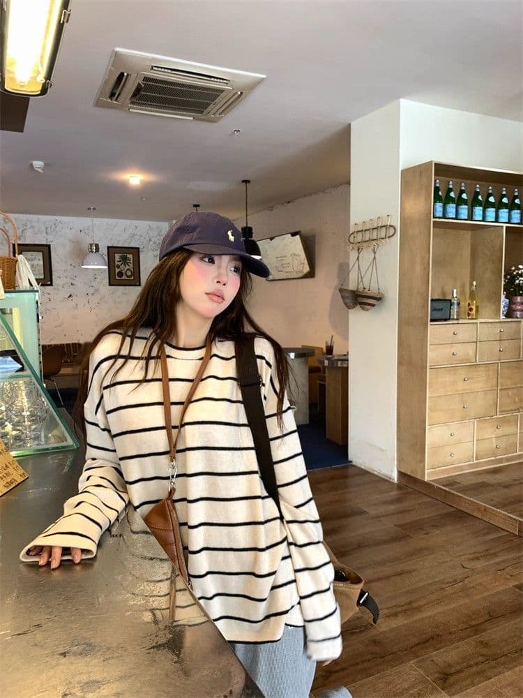 원본 양모 플리스 느낌 레트로 핫걸 바람 스트라이프 긴팔 티셔츠 2026 가을 새로운 루즈핏 상세 이미지 26