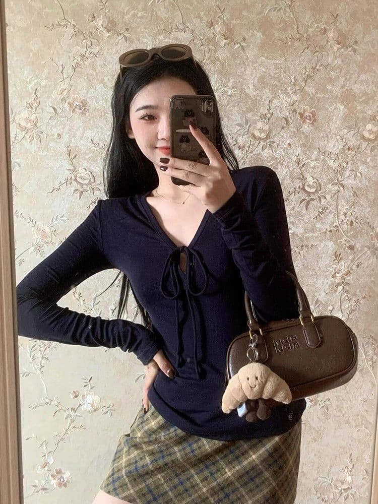 원본 품질 260 그램 사람들 면 순수한 욕망 바람 핫걸 V넥 스트랩 긍정적 인 어깨 긴팔 티셔츠 여성 가을 이미지 2
