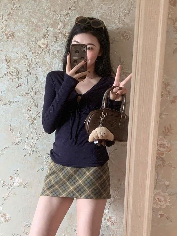 원본 품질 260 그램 사람들 면 순수한 욕망 바람 핫걸 V넥 스트랩 긍정적 인 어깨 긴팔 티셔츠 여성 가을 이미지 3