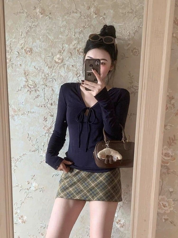 원본 품질 260 그램 사람들 면 순수한 욕망 바람 핫걸 V넥 스트랩 긍정적 인 어깨 긴팔 티셔츠 여성 가을 이미지 4