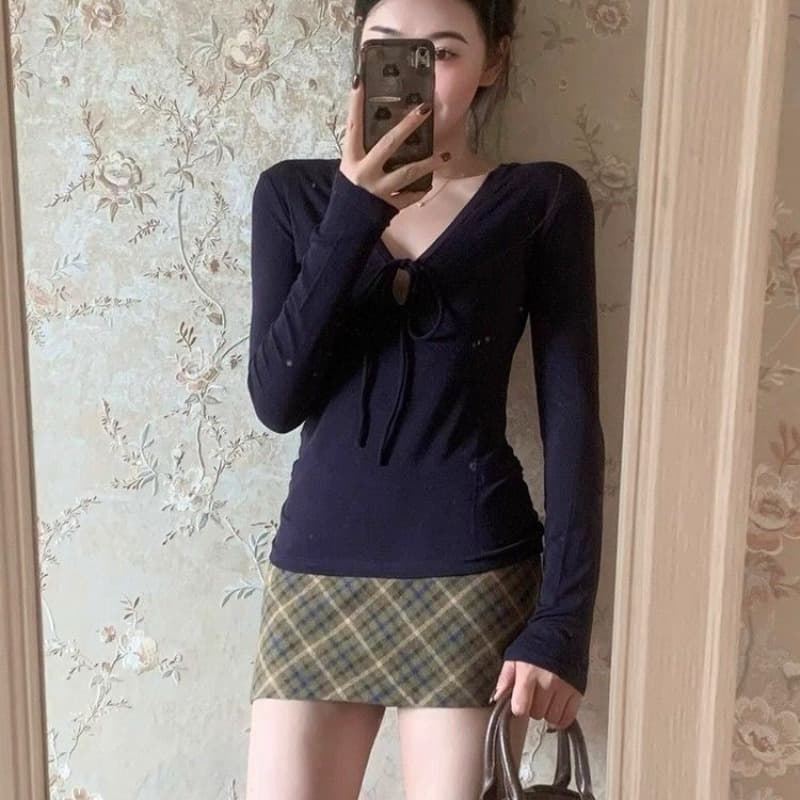원본 품질 260 그램 사람들 면 순수한 욕망 바람 핫걸 V넥 스트랩 긍정적 인 어깨 긴팔 티셔츠 여성 가을 이미지 5