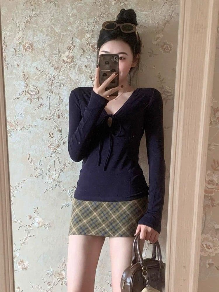 원본 품질 260 그램 사람들 면 순수한 욕망 바람 핫걸 V넥 스트랩 긍정적 인 어깨 긴팔 티셔츠 여성 가을 상세 이미지 2