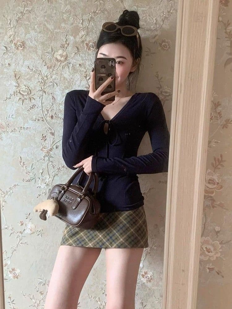 원본 품질 260 그램 사람들 면 순수한 욕망 바람 핫걸 V넥 스트랩 긍정적 인 어깨 긴팔 티셔츠 여성 가을 상세 이미지 4
