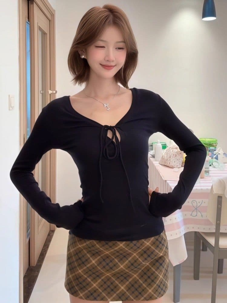 원본 품질 260 그램 사람들 면 프랑스식 달콤한 핫걸 타이트 슬림해 보이는 스트랩 긴팔 티셔츠 여성 가을