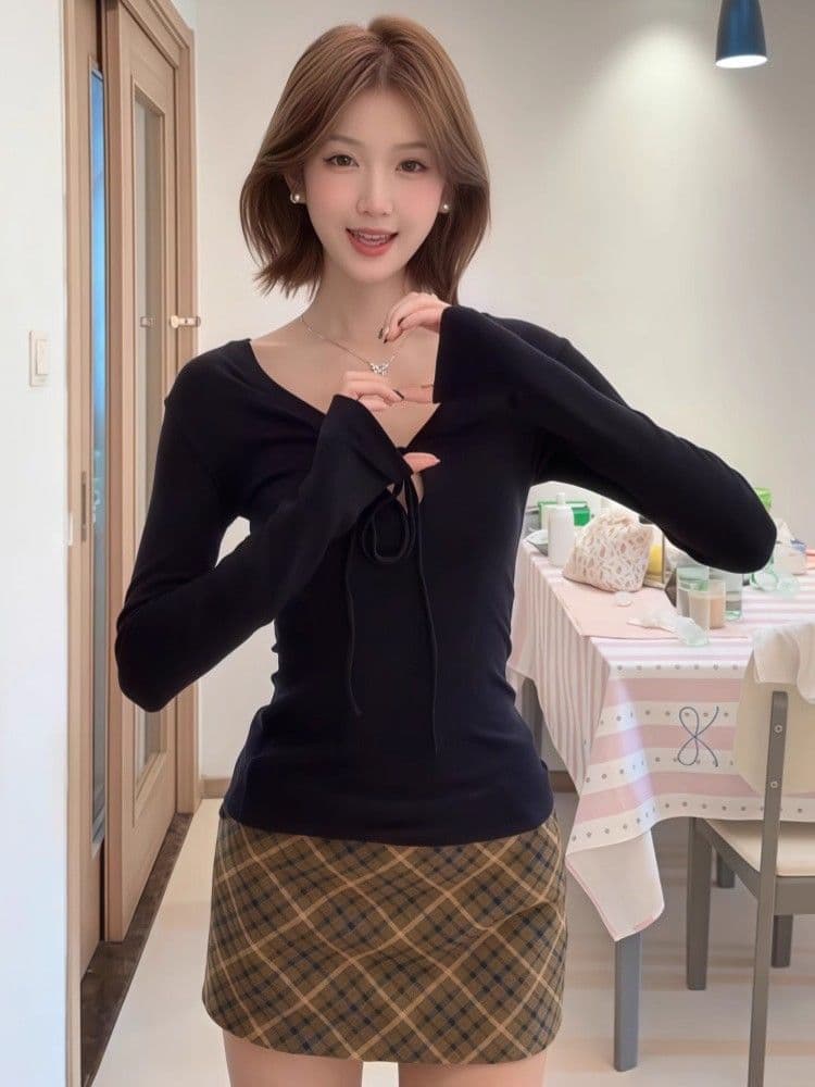 원본 품질 260 그램 사람들 면 프랑스식 달콤한 핫걸 타이트 슬림해 보이는 스트랩 긴팔 티셔츠 여성 가을 상세 이미지 3
