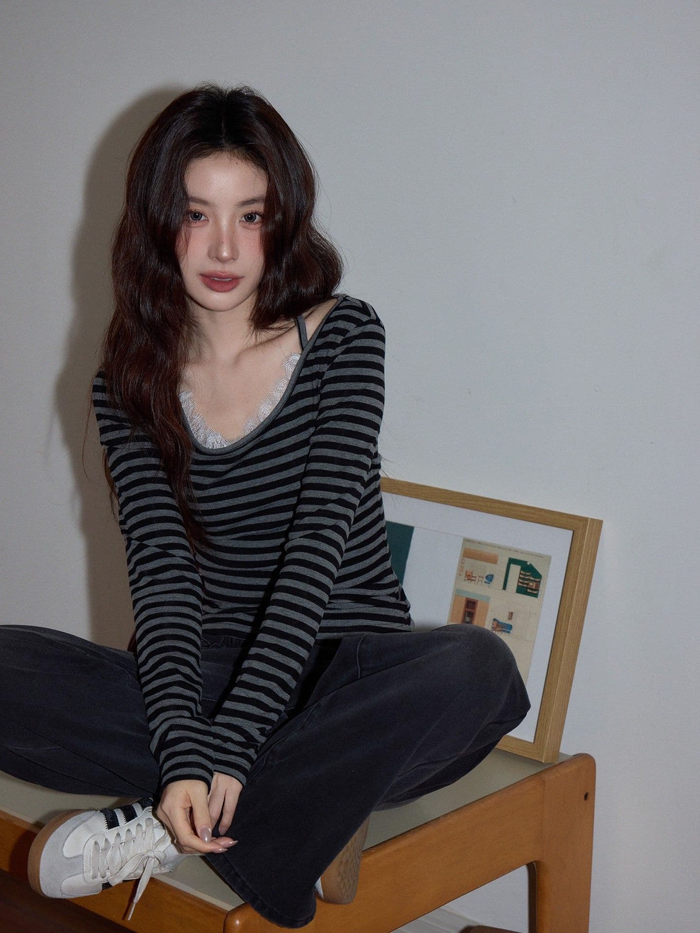 주간 실크 높음 폭탄 면 원본 원단 스트라이프 레이스 조각 티셔츠 여성 2026 가을 새로운 품격 상세 이미지 2