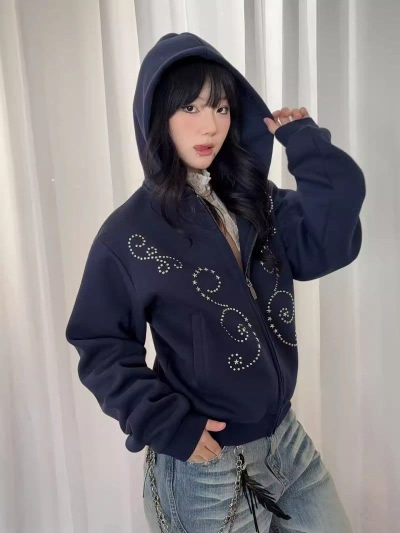 순면 복합 원본 크기 지퍼 핫픽스 순면 복합 해군 비즈 박기 모자 셔츠 후드티 여자
