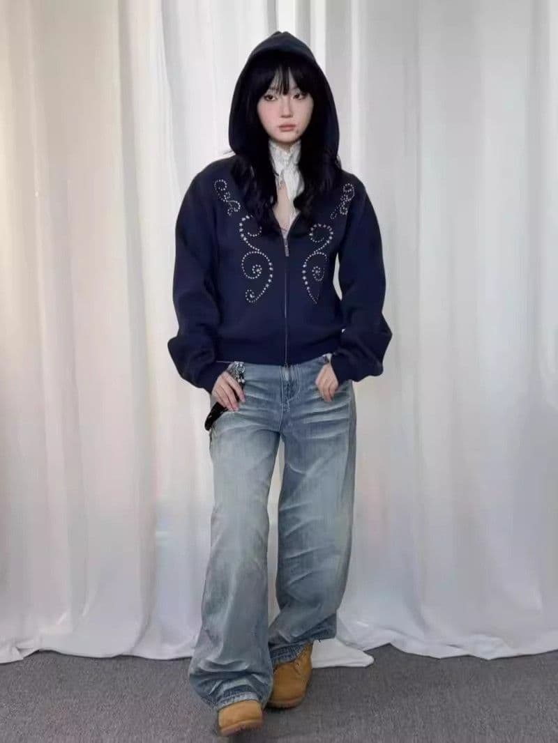 순면 복합 원본 크기 지퍼 핫픽스 순면 복합 해군 비즈 박기 모자 셔츠 후드티 여자 상세 이미지 2