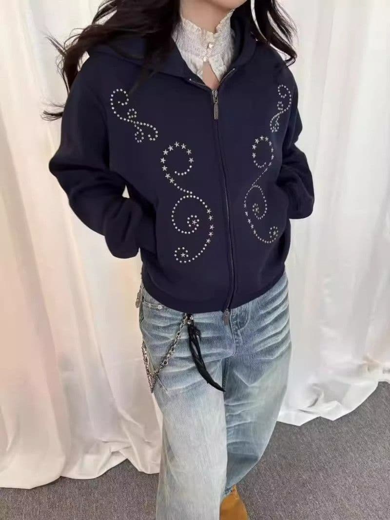 순면 복합 원본 크기 지퍼 핫픽스 순면 복합 해군 비즈 박기 모자 셔츠 후드티 여자 상세 이미지 6