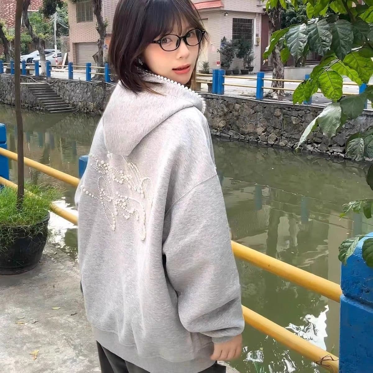 원본 마 작업 통치자 인치 아이언 지퍼 자수 주문 구슬 인사이드 펌프 아메리칸 레트로 비즈 박기 후드 오픈 가디건 이미지 5