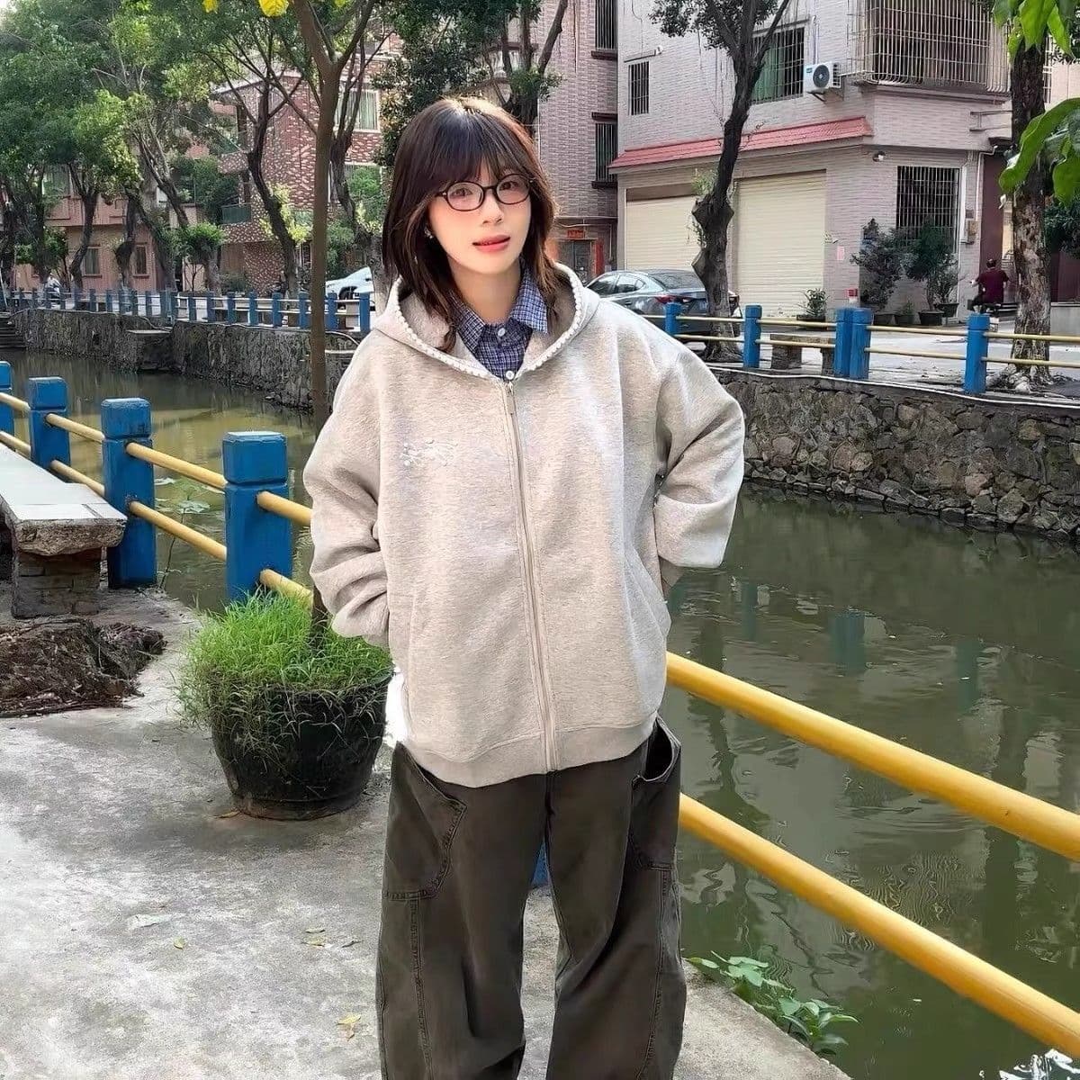 원본 마 작업 통치자 인치 아이언 지퍼 자수 주문 구슬 인사이드 펌프 아메리칸 레트로 비즈 박기 후드 오픈 가디건 상세 이미지 5
