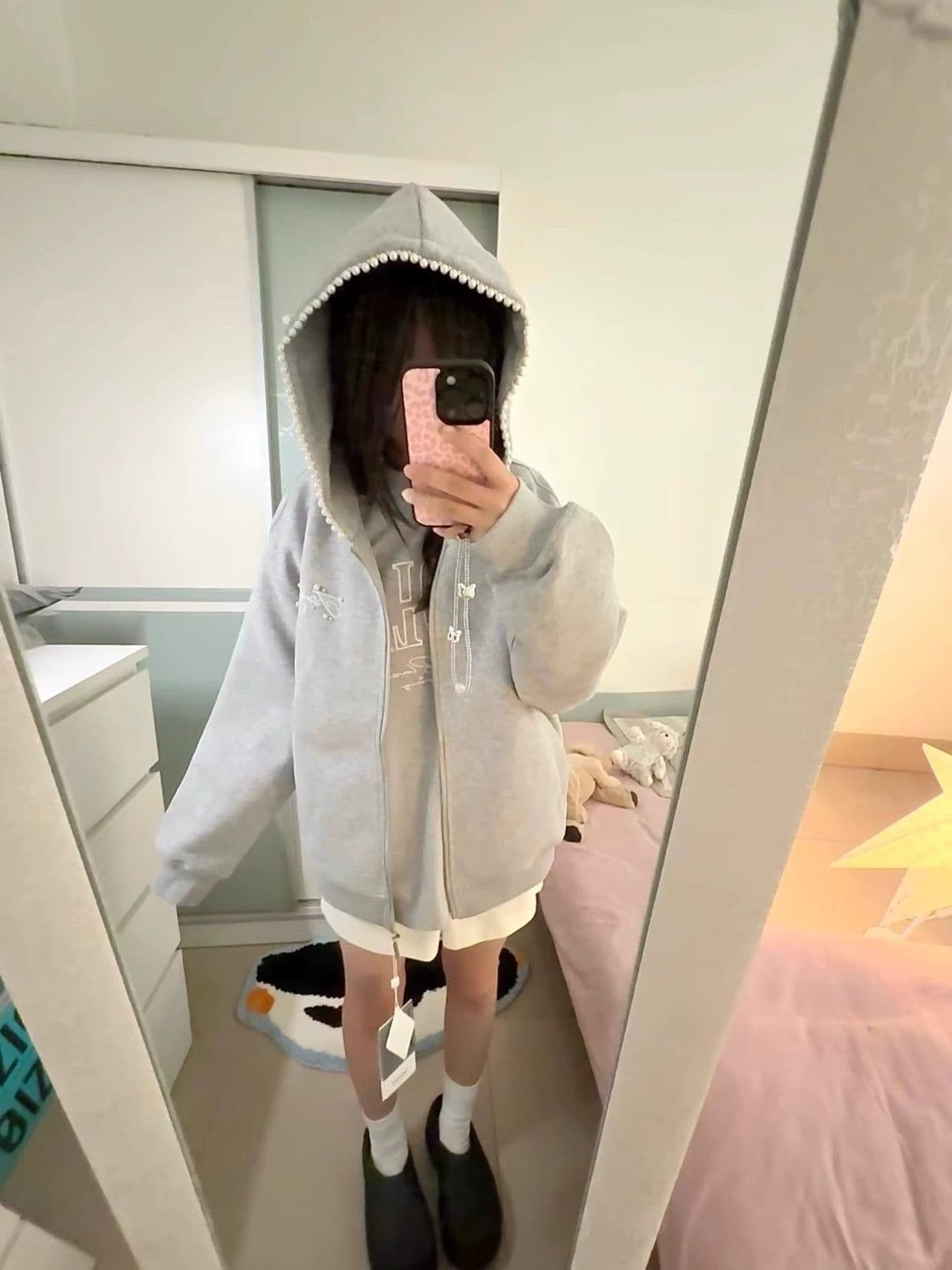 원본 마 작업 통치자 인치 아이언 지퍼 자수 주문 구슬 인사이드 펌프 진주 비즈 박기 자수 털이 있는 후드티 여성 이미지 3