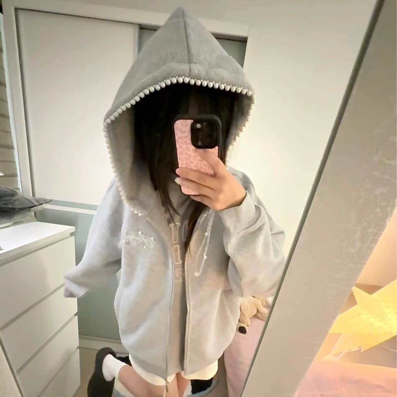 원본 마 작업 통치자 인치 아이언 지퍼 자수 주문 구슬 인사이드 펌프 진주 비즈 박기 자수 털이 있는 후드티 여성 이미지 5