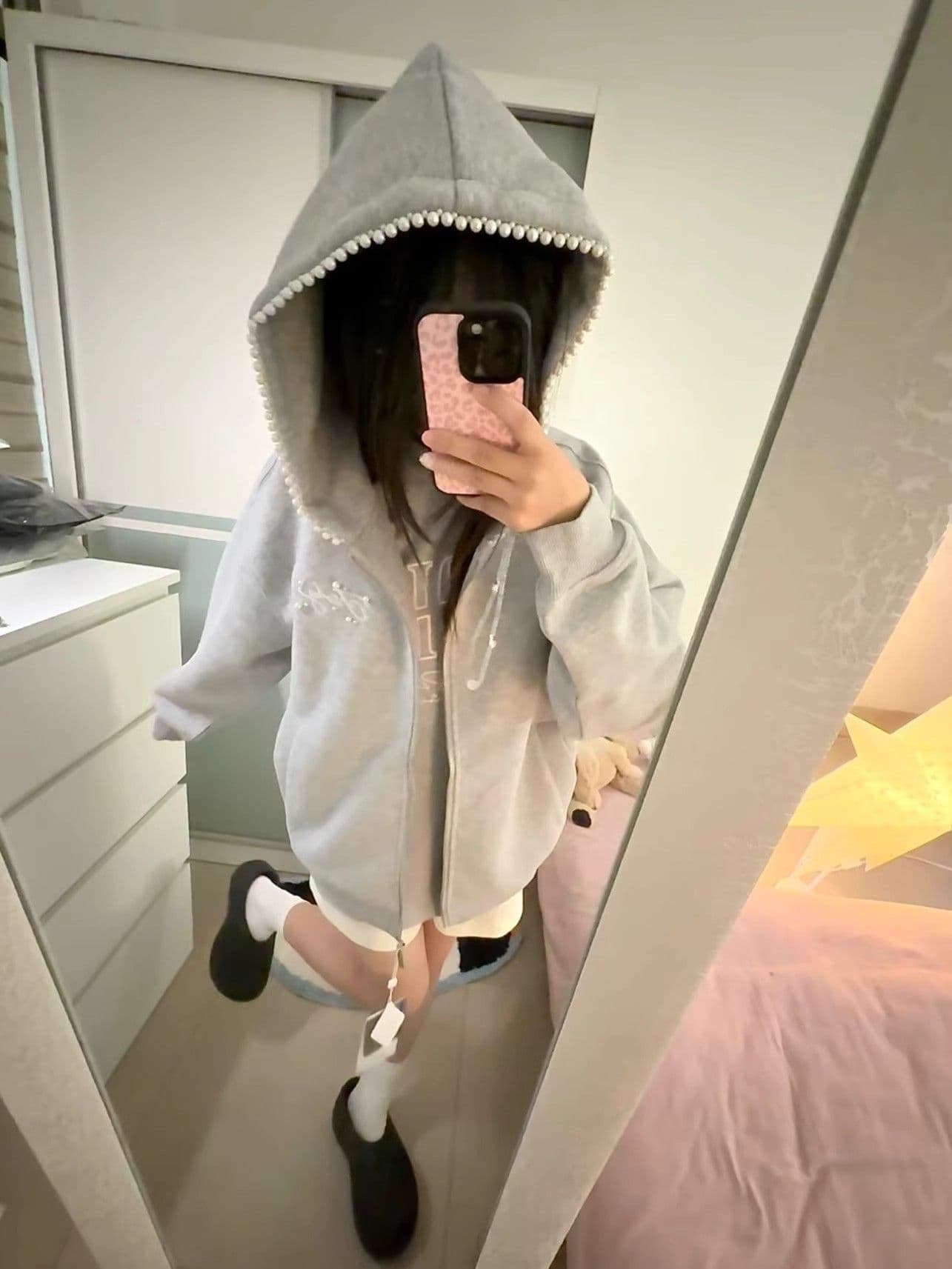 원본 마 작업 통치자 인치 아이언 지퍼 자수 주문 구슬 인사이드 펌프 진주 비즈 박기 자수 털이 있는 후드티 여성 상세 이미지 6