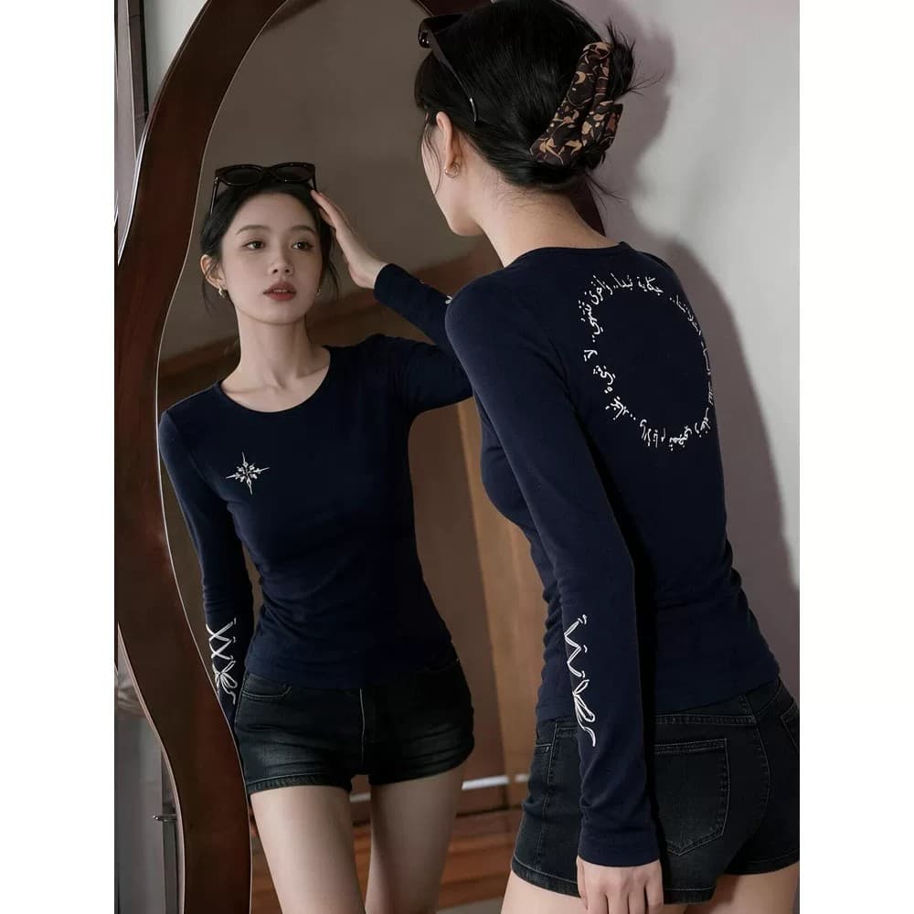 260 그램 원본 모달 면 광저우 원단 봄 가을 새로운 블루 아메리칸 핫걸 긴팔 티셔츠 몸매 가꾸기 슬림해 보이는 상세 이미지 3