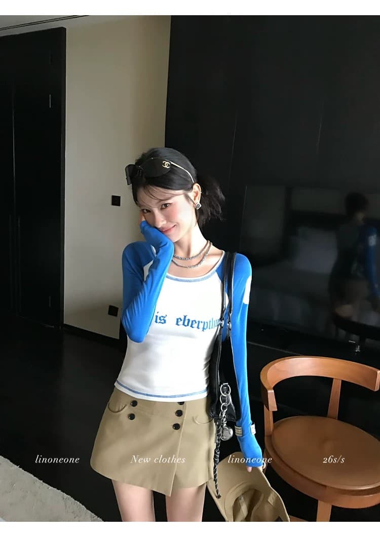 260 그램 원본 모달 면 원단 배색 삽입 어깨 슬림해 보이는 긴팔 비스듬한 칼라 다용도 알파벳 프린트 티셔츠 상세 이미지 7