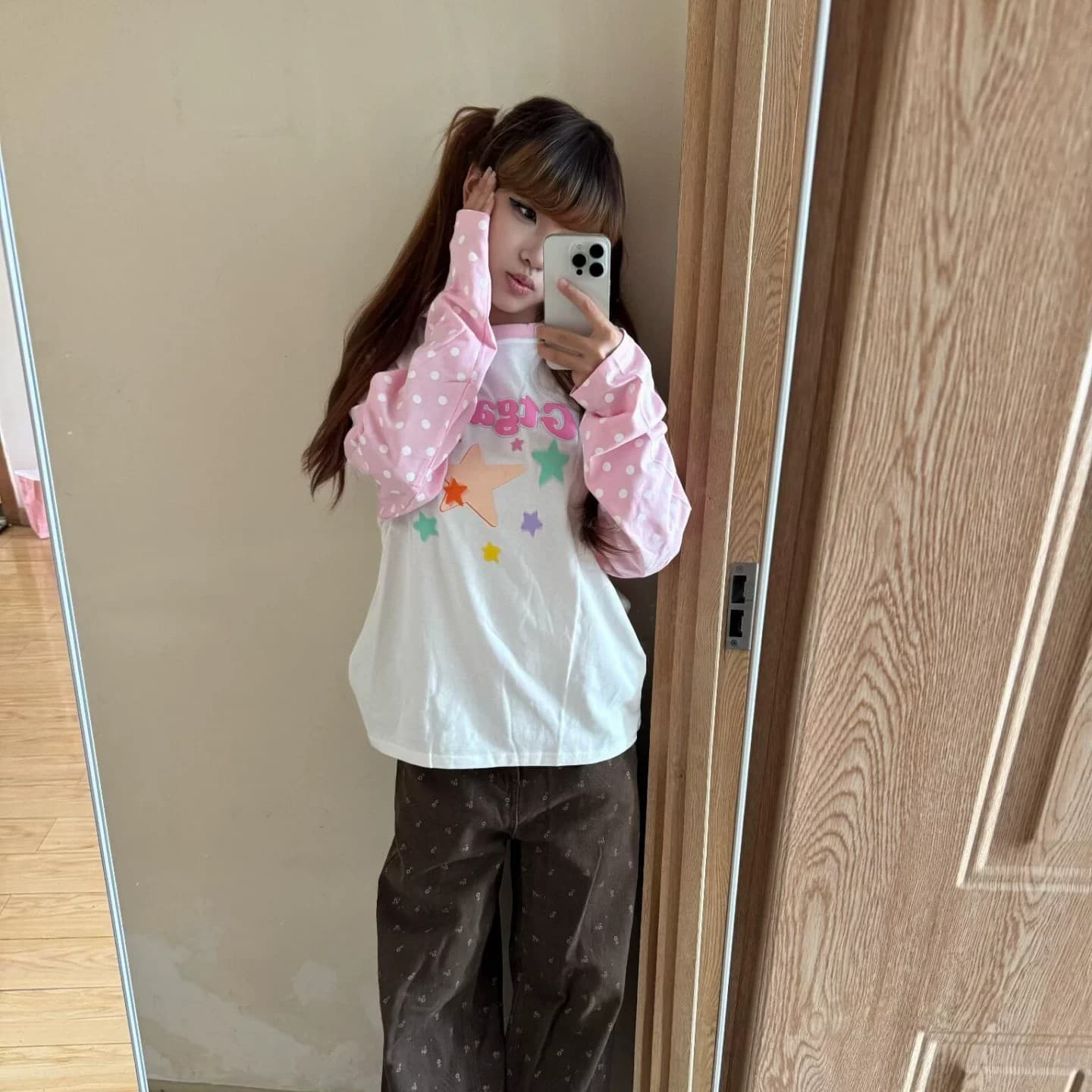 19s 순면 230 크 원본 포밍 솜씨 도트 무늬 긴팔 알파벳 티셔츠 배색 패션 다용도 루즈핏 맨위 상세 이미지 3