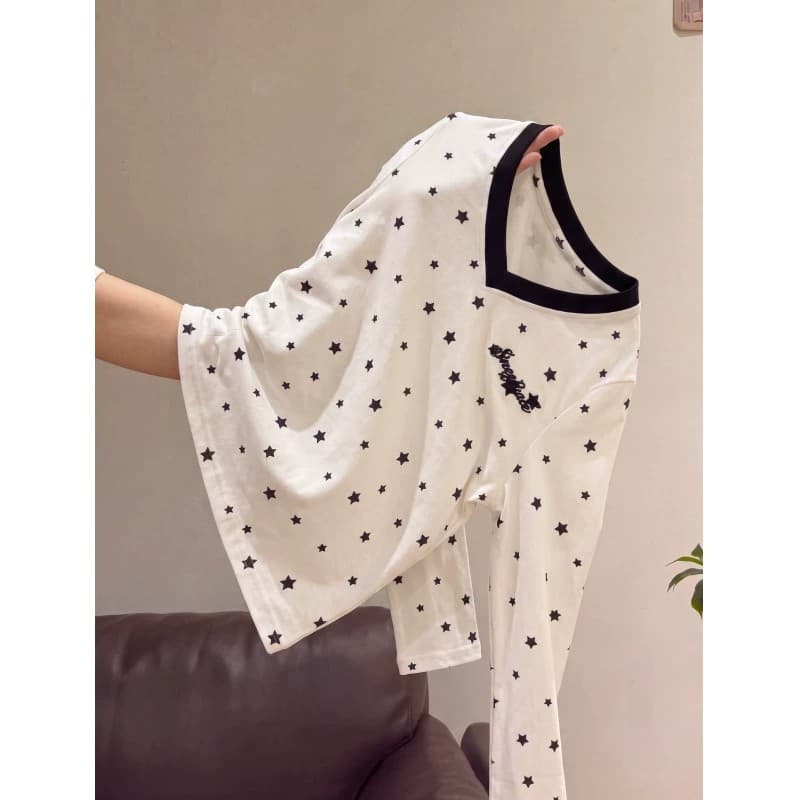 32 260 그램 95 면 원본 자수 알파벳 전체 인쇄 별 아메리칸 레트로 전체 인쇄 긍정적 인 어깨 V넥 맨위 여성 이미지 3