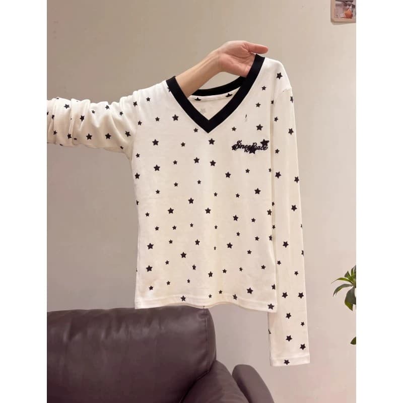 32 260 그램 95 면 원본 자수 알파벳 전체 인쇄 별 아메리칸 레트로 전체 인쇄 긍정적 인 어깨 V넥 맨위 여성 이미지 4