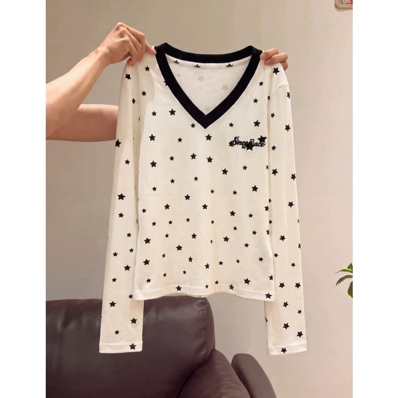 32 260 그램 95 면 원본 자수 알파벳 전체 인쇄 별 아메리칸 레트로 전체 인쇄 긍정적 인 어깨 V넥 맨위 여성