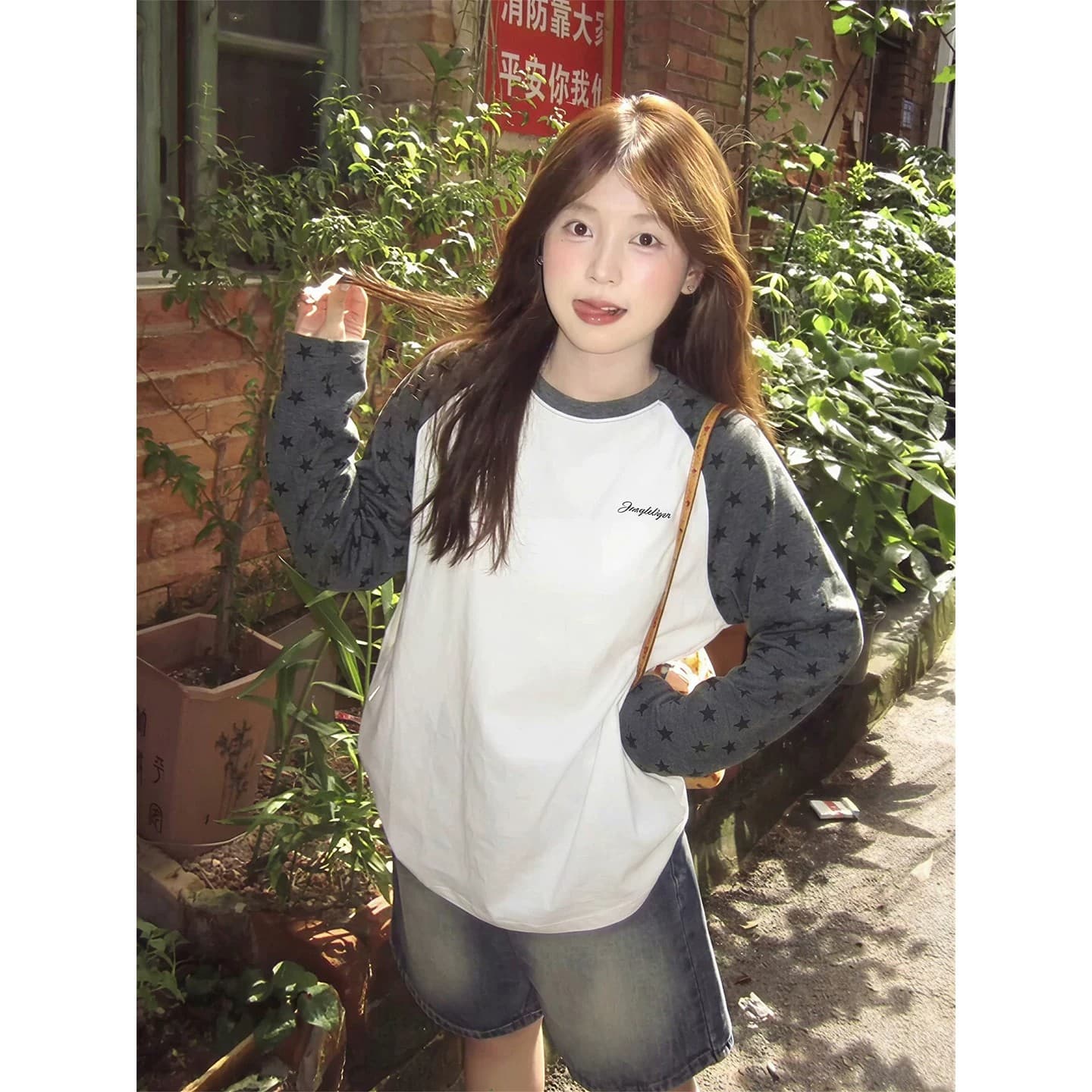 19s 순면 230 크 원본 전후 인쇄 플라워 인서트 색상 별 디자인 센스 삽입 어깨 긴팔 여성 가을 새로운 맨위 이미지 5