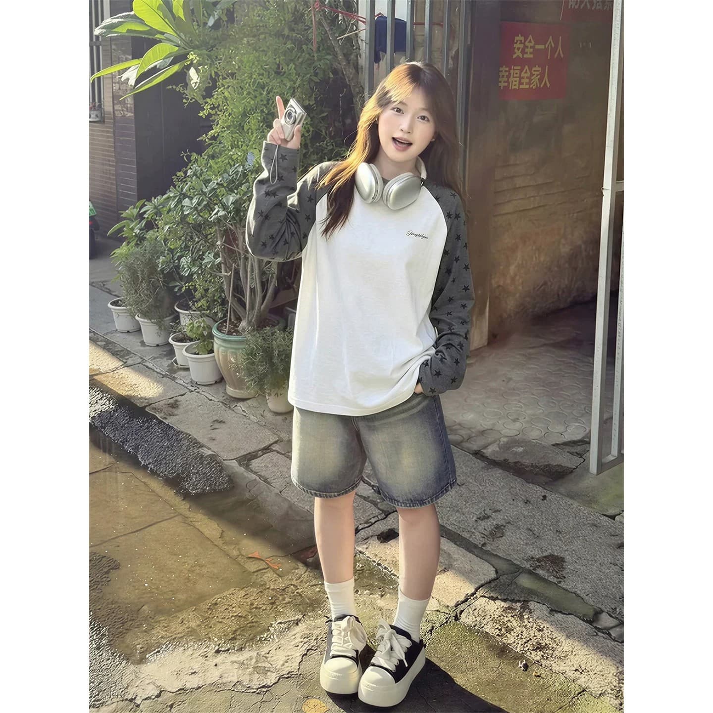 19s 순면 230 크 원본 전후 인쇄 플라워 인서트 색상 별 디자인 센스 삽입 어깨 긴팔 여성 가을 새로운 맨위 이미지 2