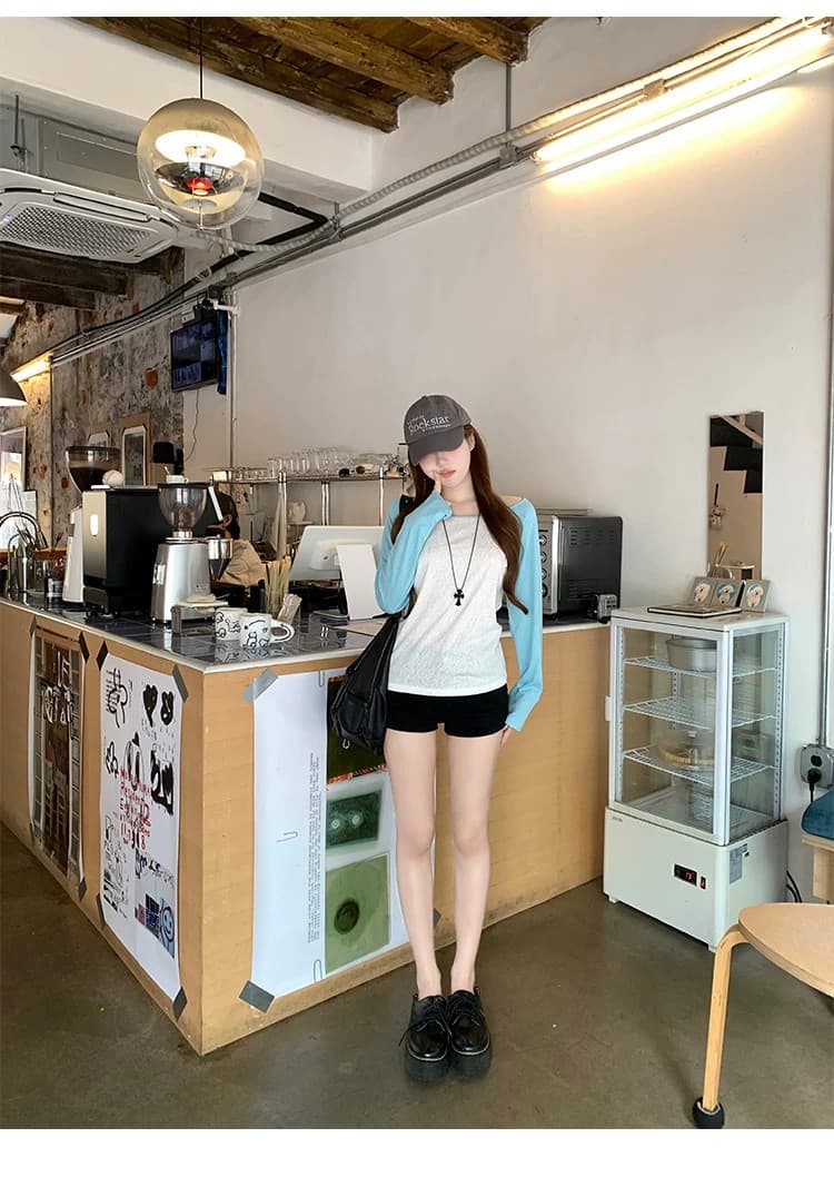 40s 순면 230 크 원단 2026 소녀 배색 패치워크 긴팔 오프숄더 캐주얼 슬림해 보이는 맨위 상세 이미지 2