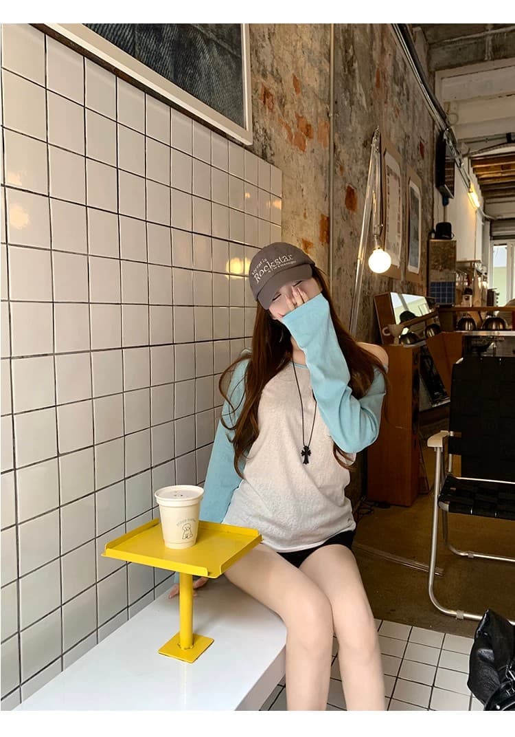 40s 순면 230 크 원단 2026 소녀 배색 패치워크 긴팔 오프숄더 캐주얼 슬림해 보이는 맨위 상세 이미지 4