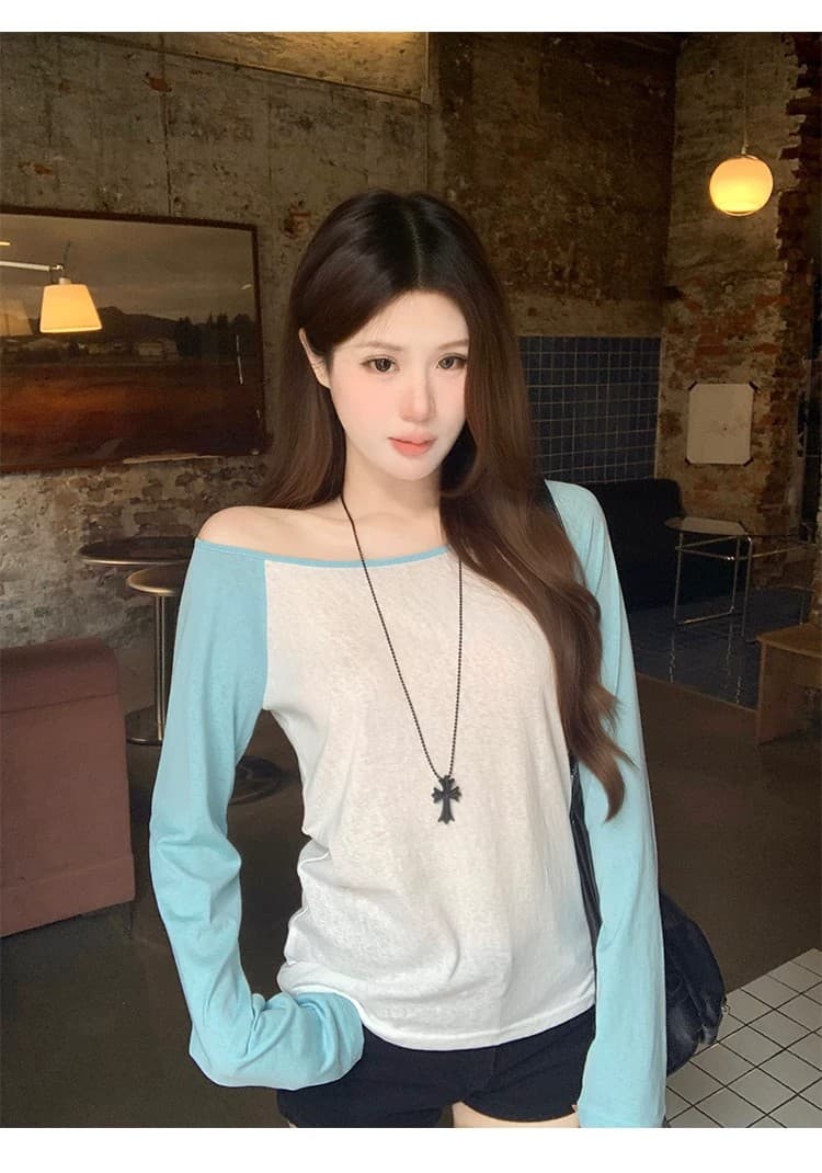 40s 순면 230 크 원단 2026 소녀 배색 패치워크 긴팔 오프숄더 캐주얼 슬림해 보이는 맨위 상세 이미지 9