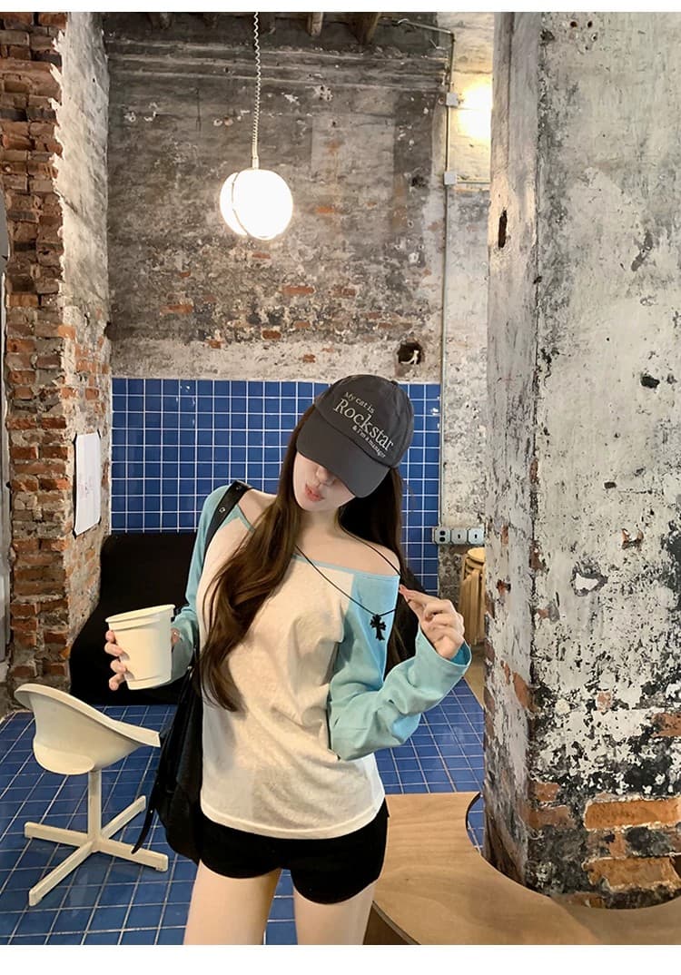 40s 순면 230 크 원단 2026 소녀 배색 패치워크 긴팔 오프숄더 캐주얼 슬림해 보이는 맨위 상세 이미지 11