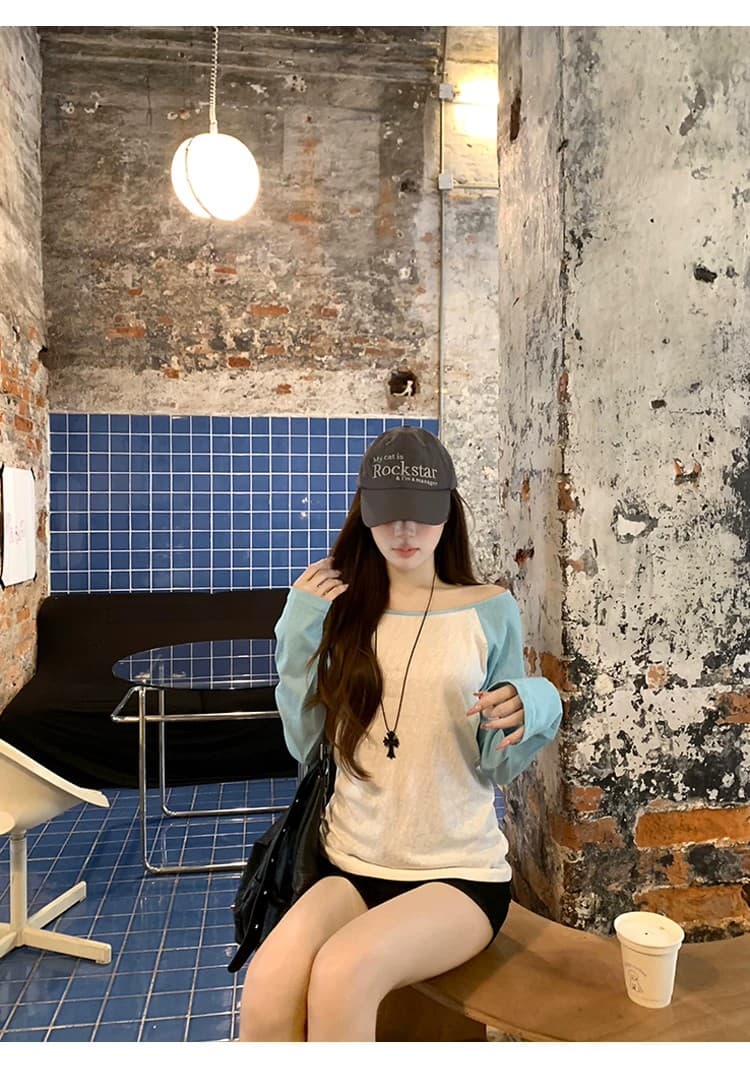 40s 순면 230 크 원단 2026 소녀 배색 패치워크 긴팔 오프숄더 캐주얼 슬림해 보이는 맨위 상세 이미지 12