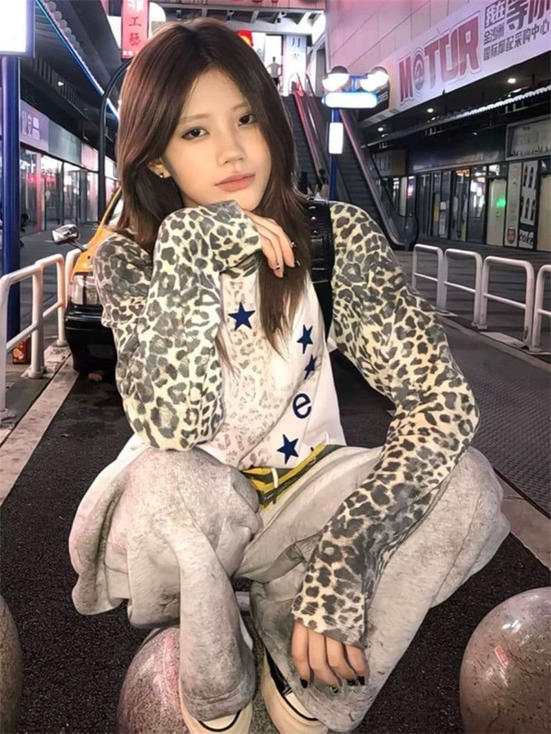 원본 솜씨 후아 남편 그리드 순면 원단 아메리칸 거리 바람 레오파드 무늬 소매 삽입 어깨 긴팔 티셔츠 여성 가을 이미지 3