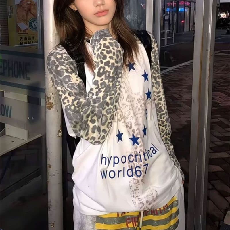 원본 솜씨 후아 남편 그리드 순면 원단 아메리칸 거리 바람 레오파드 무늬 소매 삽입 어깨 긴팔 티셔츠 여성 가을 이미지 5