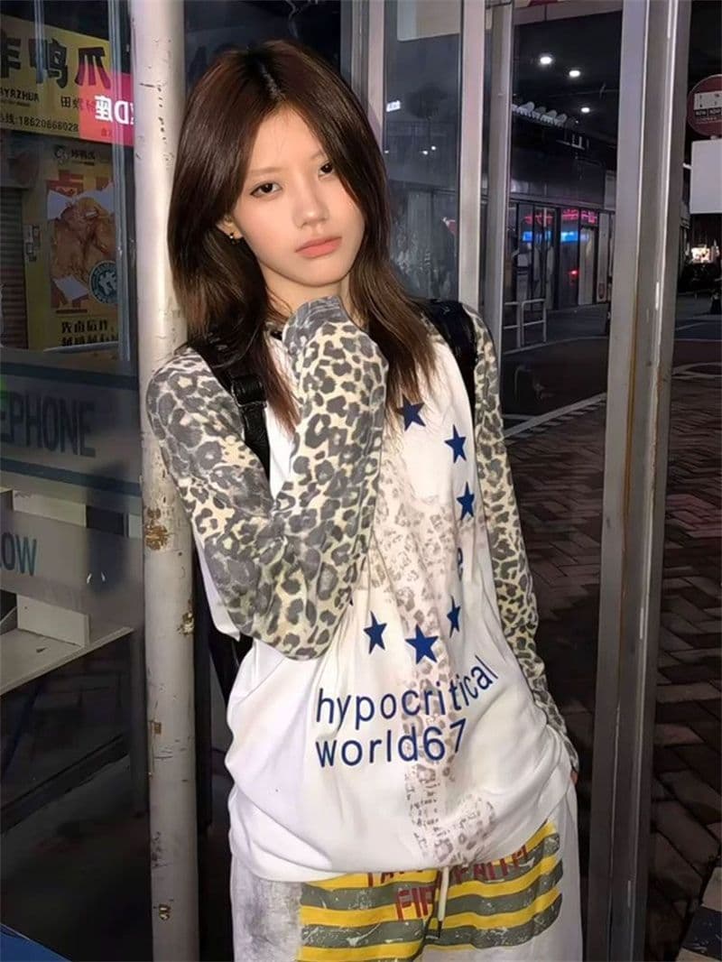 원본 솜씨 후아 남편 그리드 순면 원단 아메리칸 거리 바람 레오파드 무늬 소매 삽입 어깨 긴팔 티셔츠 여성 가을 상세 이미지 3