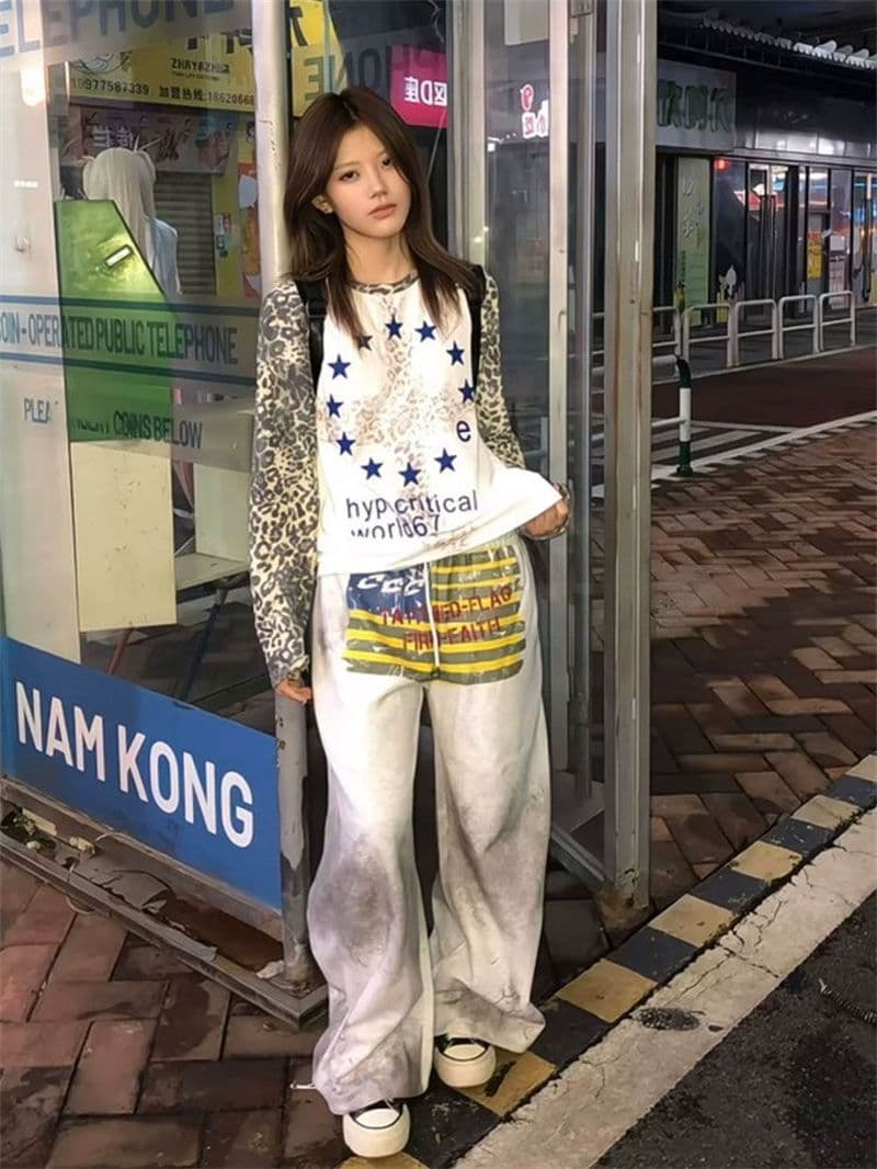 원본 솜씨 후아 남편 그리드 순면 원단 아메리칸 거리 바람 레오파드 무늬 소매 삽입 어깨 긴팔 티셔츠 여성 가을 상세 이미지 5
