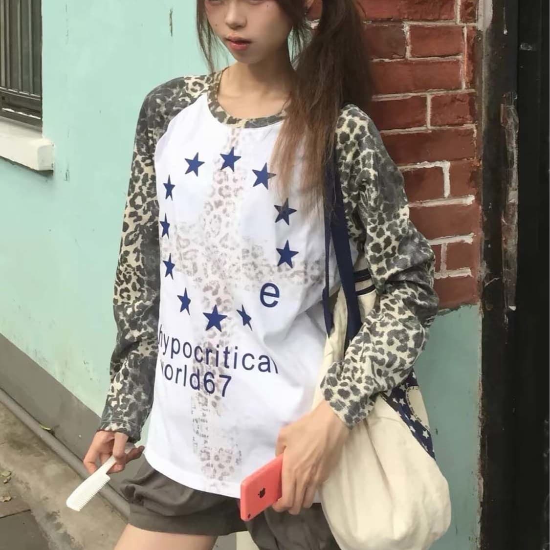 원본 솜씨 후아 남편 그리드 순면 원단 아메리칸 거리 레오파드 무늬 소매 삽입 어깨 프린트 이문화 핫걸 이미지 5