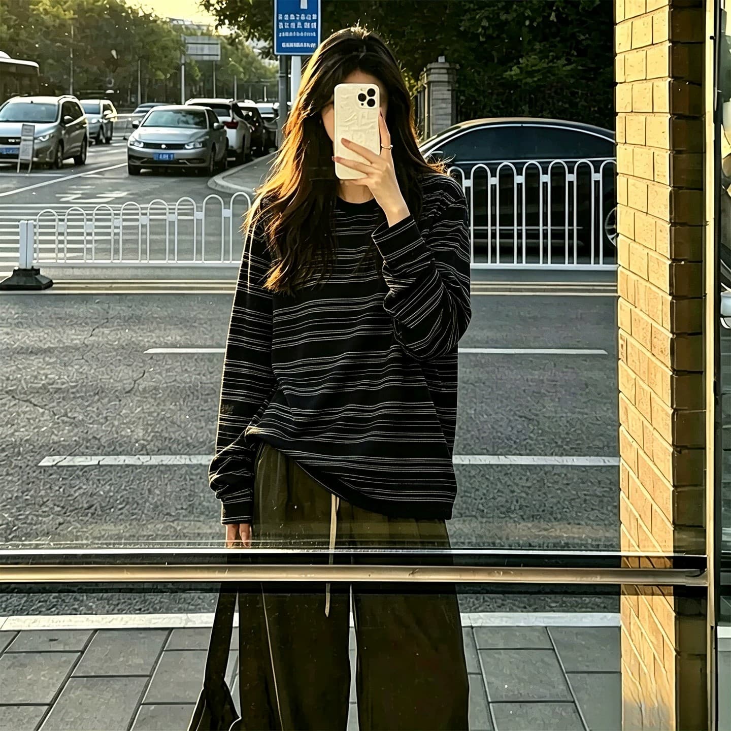 원본 더블 실 순면 스트라이프 230 크 아메리칸 레트로 스트라이프 긴팔 티셔츠 여성 슬림해 보이는 느슨함 맨위 상세 이미지 2