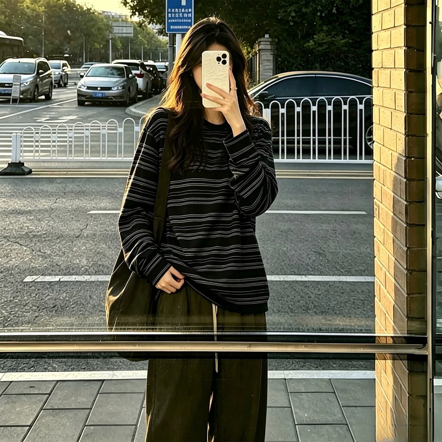 원본 더블 실 순면 스트라이프 230 크 아메리칸 레트로 스트라이프 긴팔 티셔츠 여성 슬림해 보이는 느슨함 맨위 상세 이미지 4