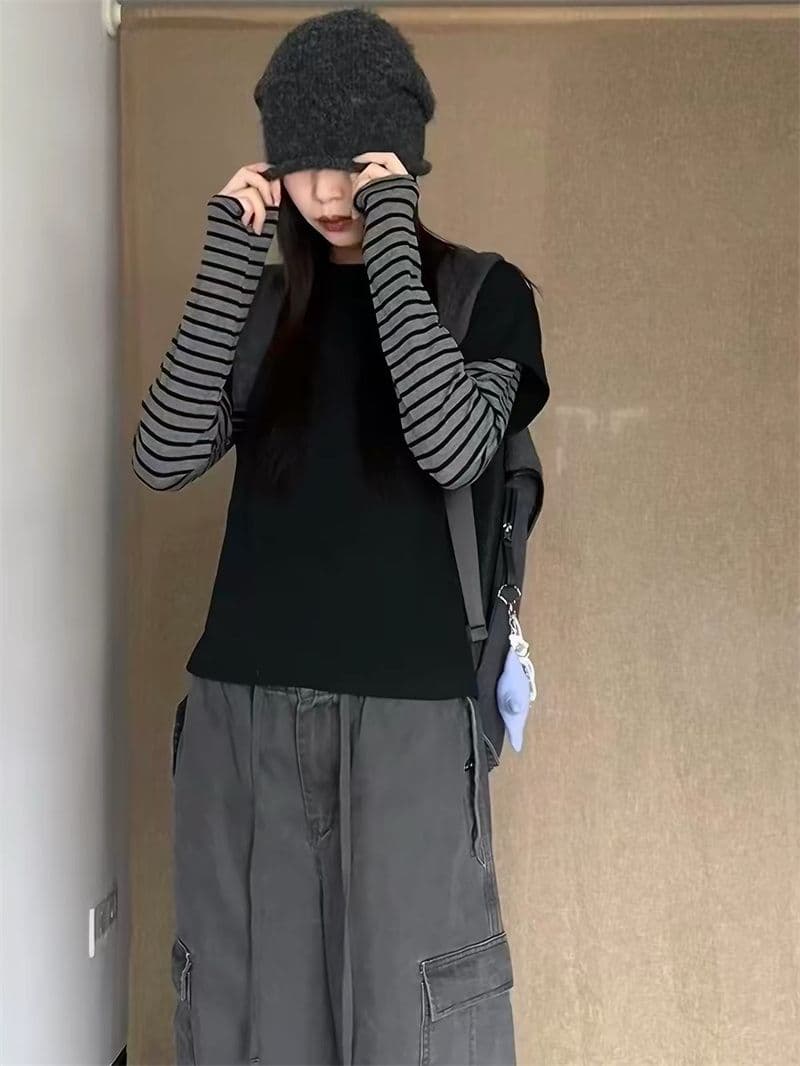 40 230 크 95 면 원본 품질 한 부서 패치워크 페이크 레이어드 검정색 스트라이프 긴팔 티셔츠 여성