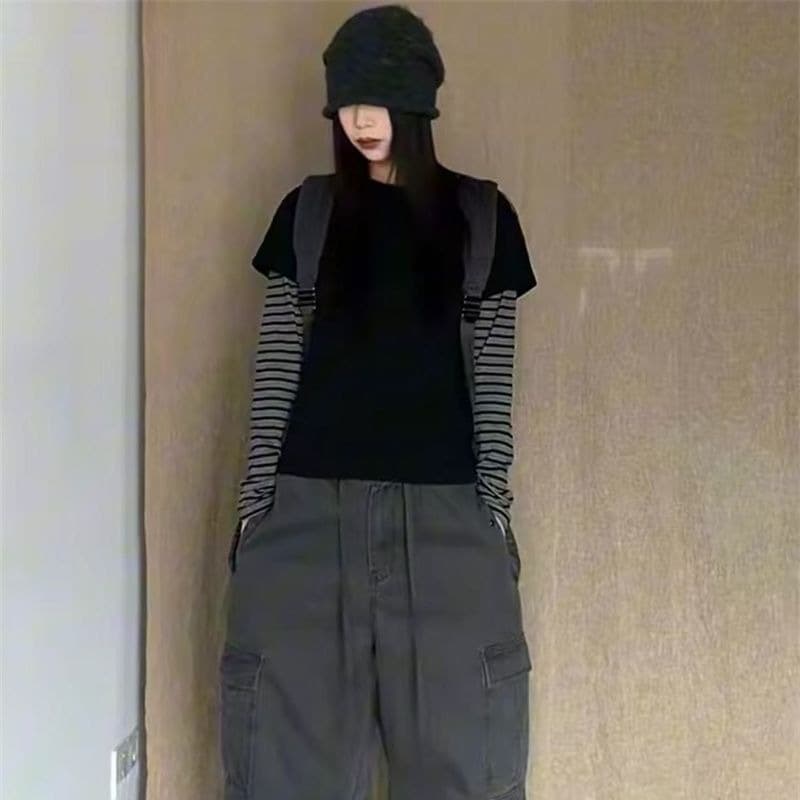 40 230 크 95 면 원본 품질 한 부서 패치워크 페이크 레이어드 검정색 스트라이프 긴팔 티셔츠 여성 이미지 5