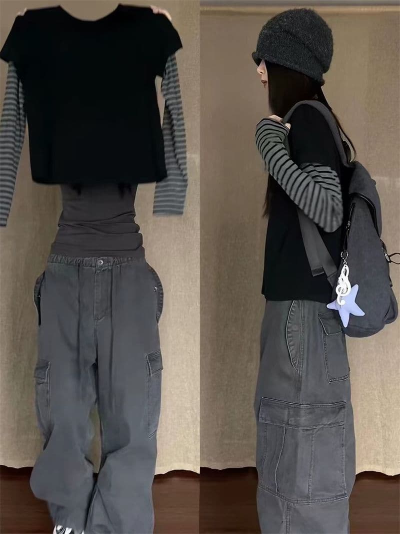 40 230 크 95 면 원본 품질 한 부서 패치워크 페이크 레이어드 검정색 스트라이프 긴팔 티셔츠 여성 상세 이미지 2