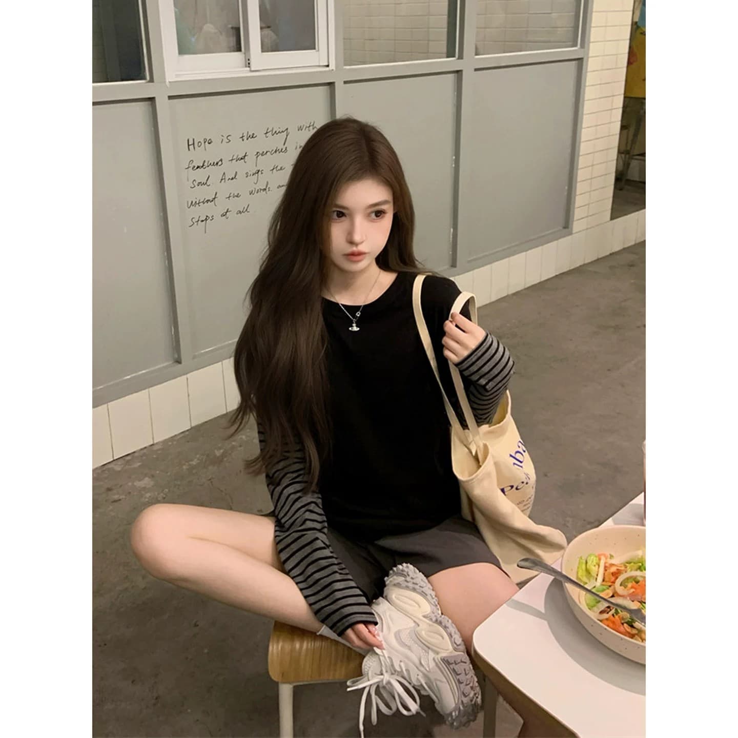40 230 크 95 면 원본 품질 달콤함 검정색 스트라이프 페이크 레이어드 긍정적 인 어깨 긴팔 티셔츠 여성