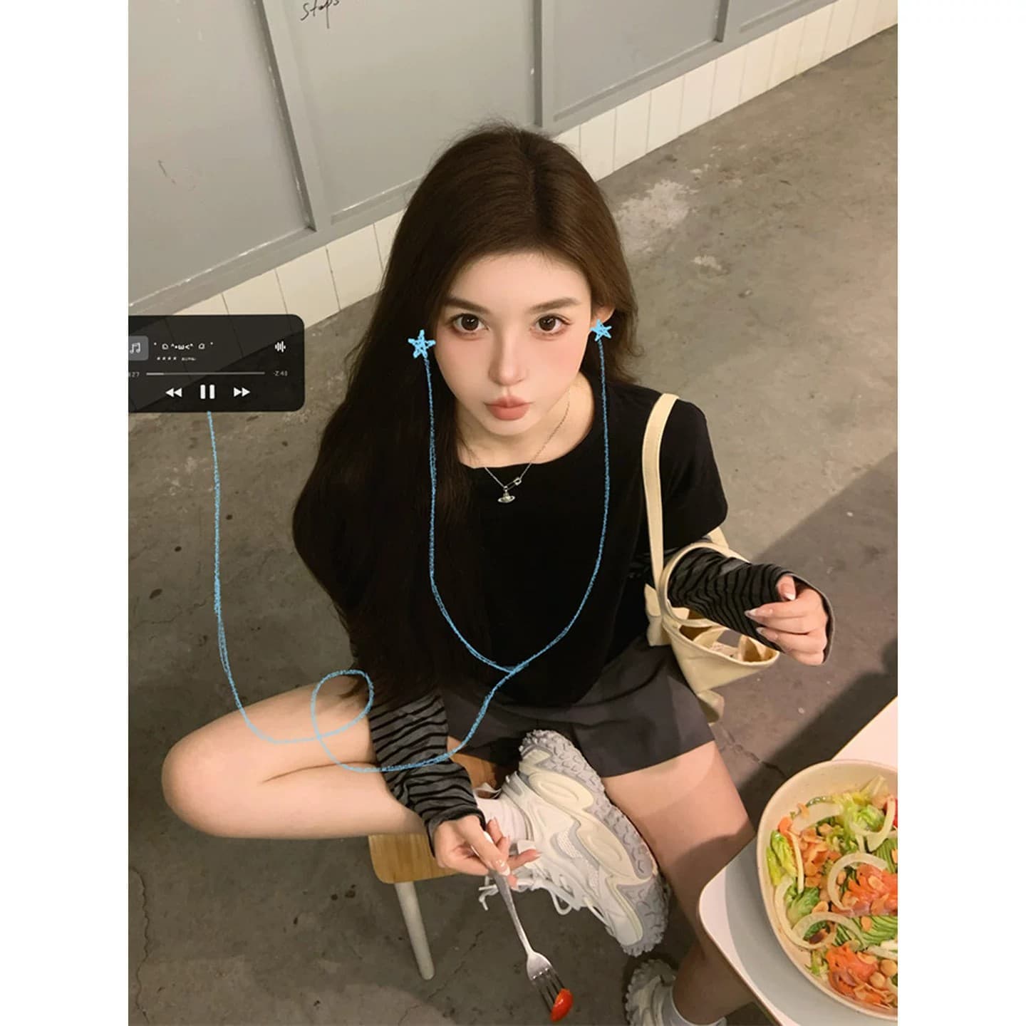 40 230 크 95 면 원본 품질 달콤함 검정색 스트라이프 페이크 레이어드 긍정적 인 어깨 긴팔 티셔츠 여성 이미지 4