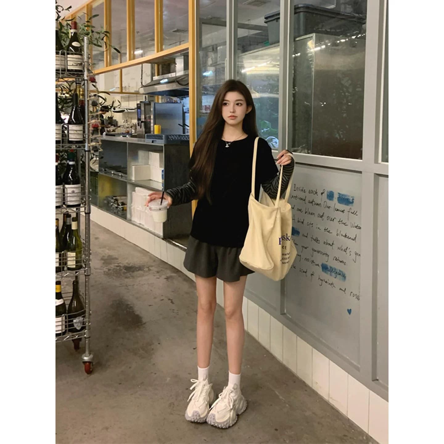 40 230 크 95 면 원본 품질 달콤함 검정색 스트라이프 페이크 레이어드 긍정적 인 어깨 긴팔 티셔츠 여성 이미지 3