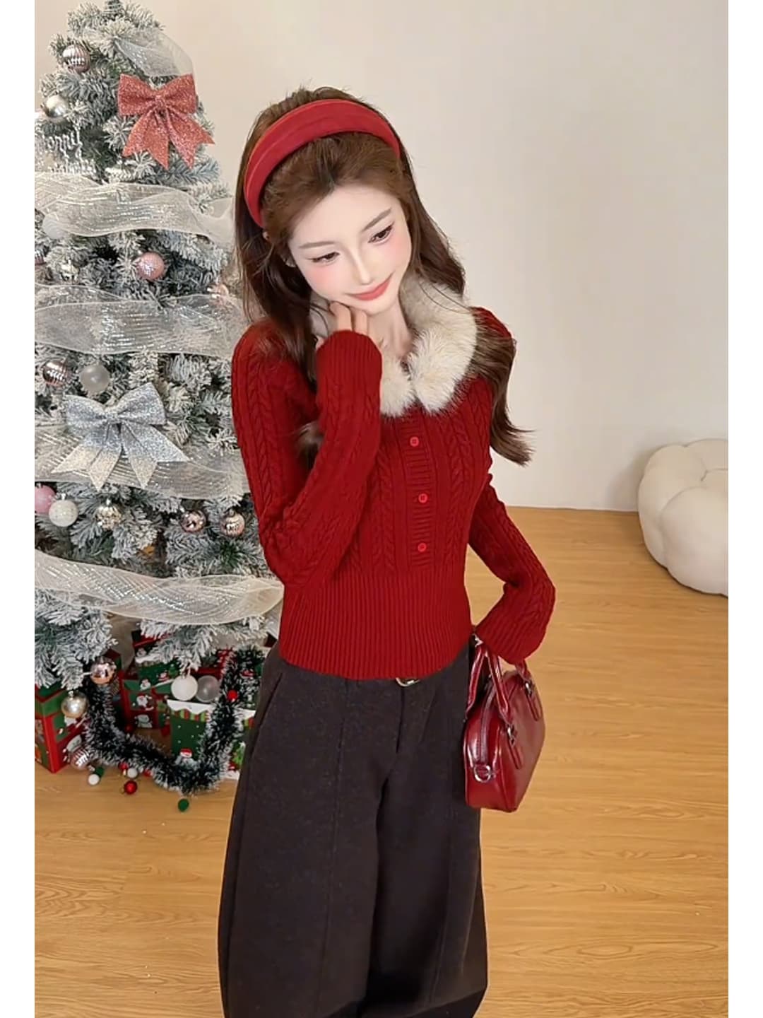프랑스식 탈착식 모피 칼라 회색 풀오버 꽈배기 스웨터 여자 가을 겨울 두꺼운 보온 느긋한 바람 니트 스웨터 맨위 상세 이미지 8