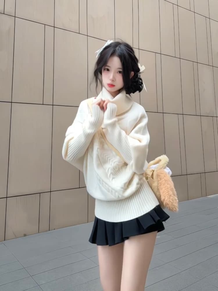 베이지 색 트위스트 꽃 루즈핏 맨위 폐회 밑단 비대칭 새로운 폴로 칼라 색상 버클 망토 니트 스웨터 스웨터 여자 이미지 2