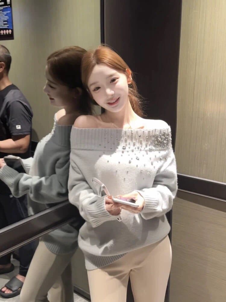 프랑스식 오프숄더 무거운 작업 비즈 박기 니트 스웨터 여성 가을 겨울 새로운 디자인 센스 작은 대중 루즈핏 슬림해 보이는 스웨터 맨위 상세 이미지 4