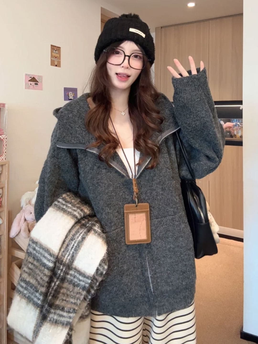 부드러운 느긋한 바람 핑크색 후드 지퍼 오픈 가디건 스웨터 여자 가을 겨울 두꺼운 루즈핏 다용도 니트 재킷 맨위 이미지 3